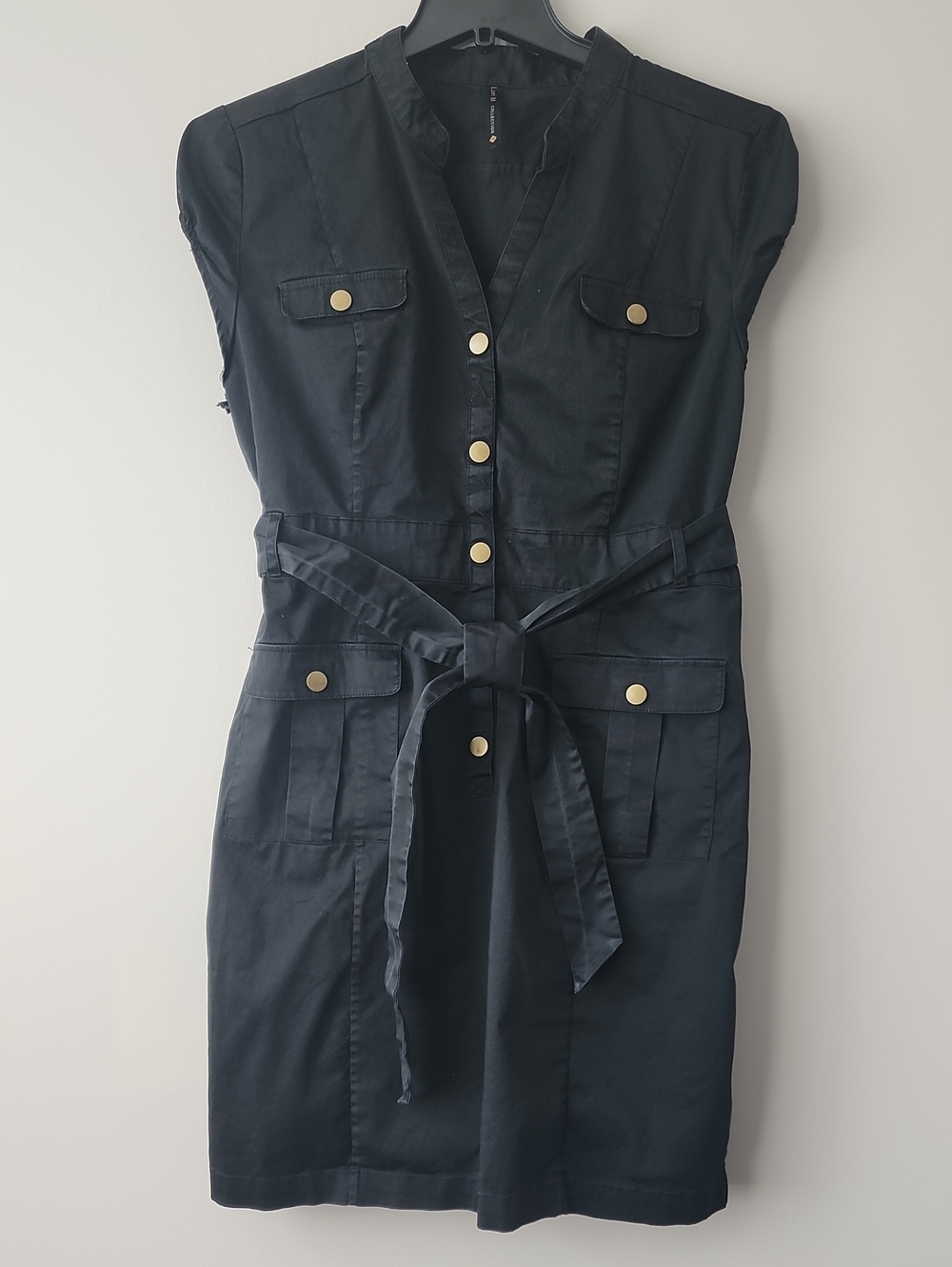 Sleeveless Black Tie-Waist Mini Dress with Gold Buttons